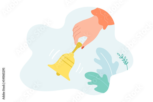 Female hand holding shake bell flat vector illustration. Woman ringing bell on blue background. Announcement, information, reminder, emergency situation concept