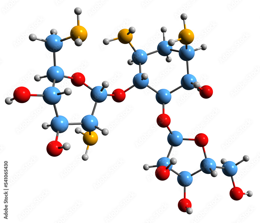  3D image of Ribostamycin skeletal formula - molecular chemical structure of aminoglycoside-aminocyclitol antibiotic isolated on white background