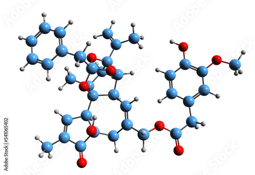  3D image of Resiniferatoxin skeletal formula - molecular chemical structure of herbal compound isolated on white background