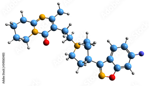 3D image of Risperidone skeletal formula - molecular chemical structure of  atypical antipsychotic isolated on white background photo