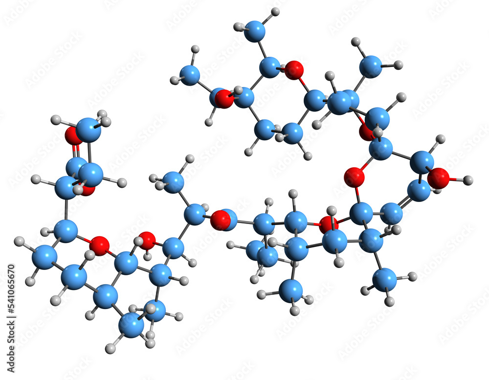  3D image of Salinomycin skeletal formula - molecular chemical structure of  antibacterial and coccidiostat drug isolated on white background