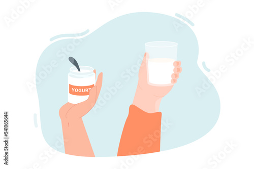 Glass of milk and can of yogurt in hands. Person eating farm dairy products, enjoying meal flat vector illustration. Farming, health, nutrition, nourishment concept