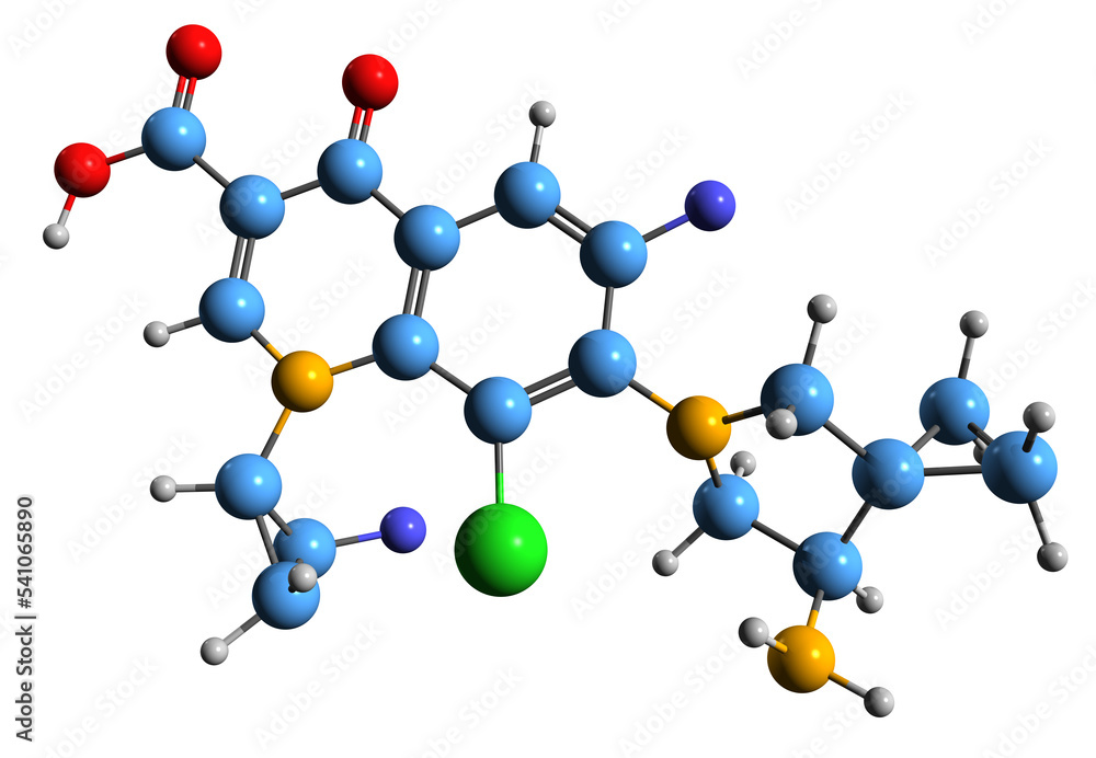3D image of Sitafloxacin skeletal formula - molecular chemical structure of fluoroquinolone antibiotic isolated on white background 3D image of Sitafloxacin skeletal formula - molecular chemical structure of fluoroquinolone antibiotic isolated on white background