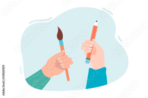 Artists hands holding brush and pencil to paint. Person drawing with art tools flat vector illustration. Creative workshop, freehand artwork concept for banner, website design or landing web page