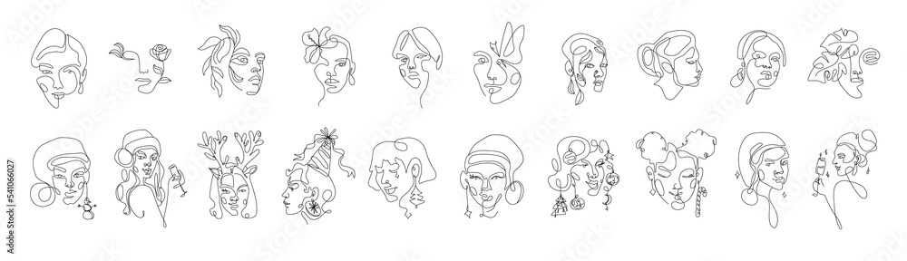 New Year women line faces with different Christmas toys. Modern abstract line minimalistic women faces arts postcard or brochure cover design. Different woman faces. Vector illustrations design New Year women line faces with different Christmas toys. Modern abstract line minimalistic women faces arts postcard or brochure cover design. Different woman faces. Vector illustrations design