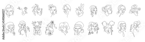 New Year women line faces with different Christmas toys. Modern abstract line minimalistic women faces arts postcard or brochure cover design. Different woman faces. Vector illustrations design