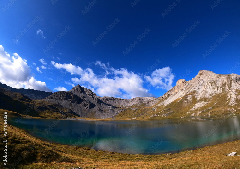 Lago di Rims mountain lake located in Swiss Alps in Val Müstair, Switzerland