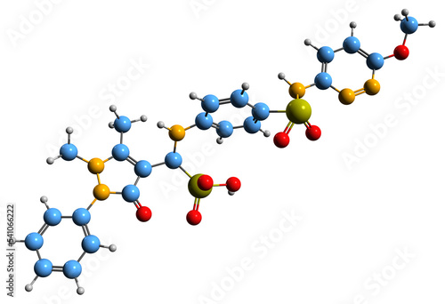  3D image of Sulfamazone skeletal formula - molecular chemical structure of sulfonamide antibiotic isolated on white background photo