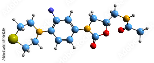  3D image of Sutezolid skeletal formula - molecular chemical structure of XDR-TB oxazolidinone antibiotic isolated on white background 