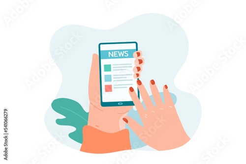 Female hands holding mobile phone with newsletter on screen. Woman reading world news using smartphone app and internet flat vector illustration. Newspaper, information, press, media concept