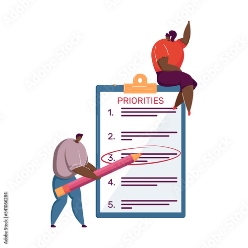 Tiny business people making priority list. Team prioritizing tasks in checklist, marking importance. Vector illustration for planning, agenda, efficiency, progress concept