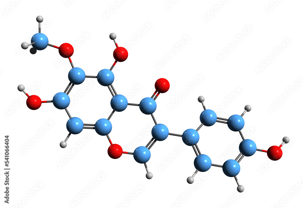 3D image of Tectorigenin skeletal formula - molecular chemical structure of O-methylated isoflavone isolated on white background 3D image of Tectorigenin skeletal formula - molecular chemical structure of O-methylated isoflavone isolated on white background