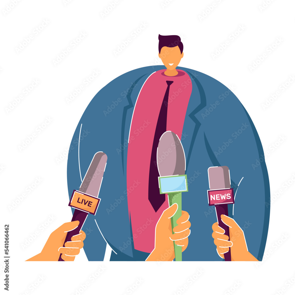 Cartoon guy giving interview to press and television. Flat vector ...