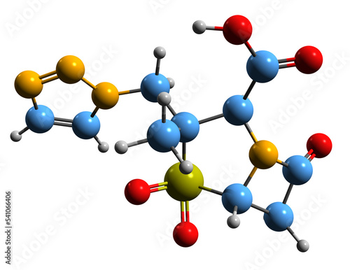  3D image of Tazobactam skeletal formula - molecular chemical structure of beta-lactamase inhibitor isolated on white background
