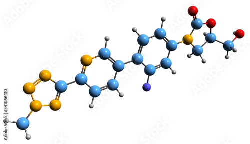  3D image of Tedizolid skeletal formula - molecular chemical structure of oxazolidinone-class antibiotic isolated on white background
 photo