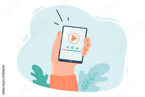Hand holding mobile phone with music or video player. Person watching movie or film online using smartphone app flat vector illustration. Streaming, multimedia, entertainment concept