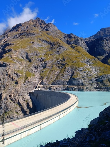 Mauvoisin reservoir located in Val de Bagnes, Valais with concrete arch dam, Switzerland