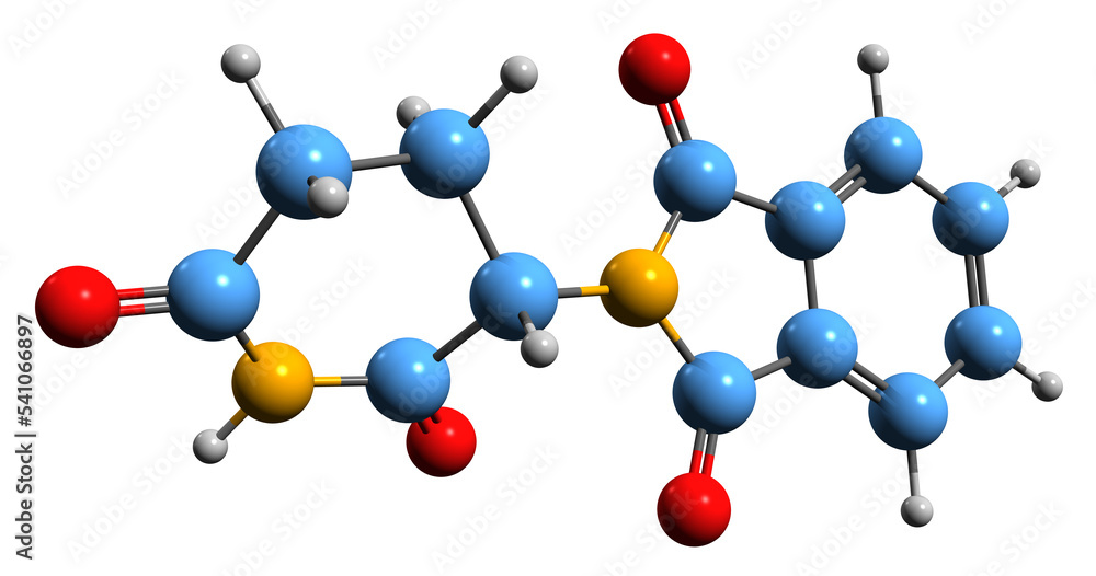 3D image of Thalidomide skeletal formula - molecular chemical structure of immunomodulatory medication isolated on white background 3D image of Thalidomide skeletal formula - molecular chemical structure of immunomodulatory medication isolated on white background
