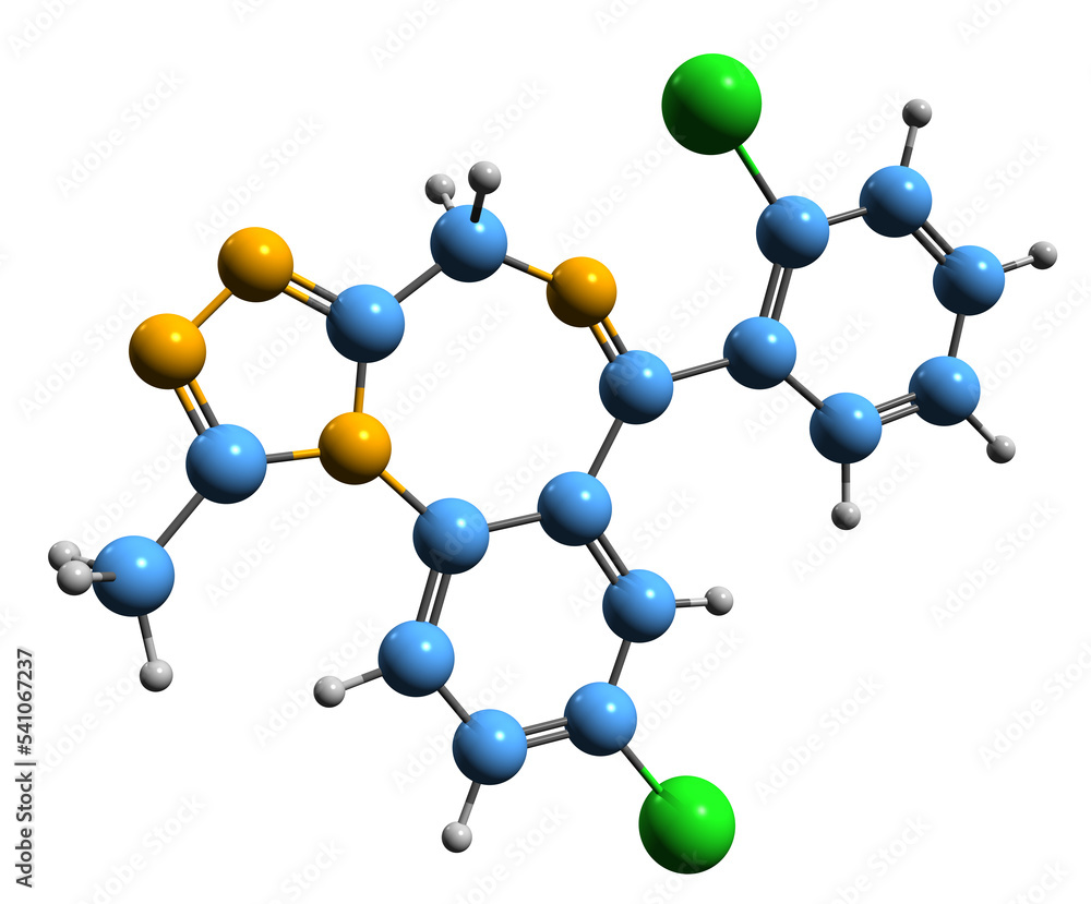 3D image of Triazolam skeletal formula - molecular chemical structure of central nervous system depressant isolated on white background 3D image of Triazolam skeletal formula - molecular chemical structure of central nervous system depressant isolated on white background
