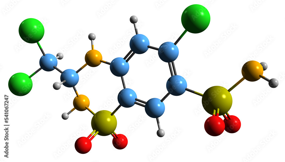 3D image of Trichlormethiazide skeletal formula - molecular chemical structure of diuretic medicament isolated on white background
3D image of Trichlormethiazide skeletal formula - molecular chemical structure of diuretic medicament isolated on white background