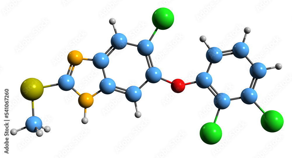 3D image of Triclabendazole skeletal formula - molecular chemical structure of paragonimiasis medication isolated on white background
3D image of Triclabendazole skeletal formula - molecular chemical structure of paragonimiasis medication isolated on white background