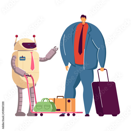 Robotic receptionist and porter helping guests with checking in and out of hotel. Robots working as hotel attendants. Flat vector illustration