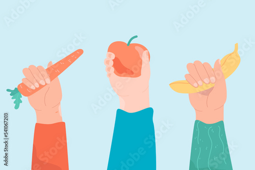 Hands holding fruits and vegetables flat vector illustration. Male and female hands holding apple, banana and carrot on blue background, Healthy lifestyle, food, nourishment concept