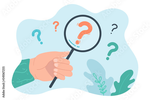 Person looking through magnifying glass on question mark. Hand holding magnifier for search of answer flat vector illustration. Information concept for banner, website design or landing web page