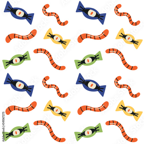 Seamless Halloween candy pattern. Sweet worms and candy eye Trick or treat wallpaper. Flat vector fabric paper on white background