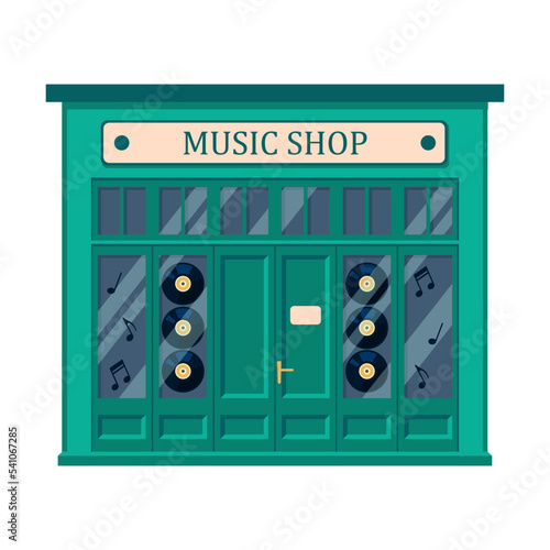 Music store front vector illustration. Traditional music shop building. Small business, retail concept