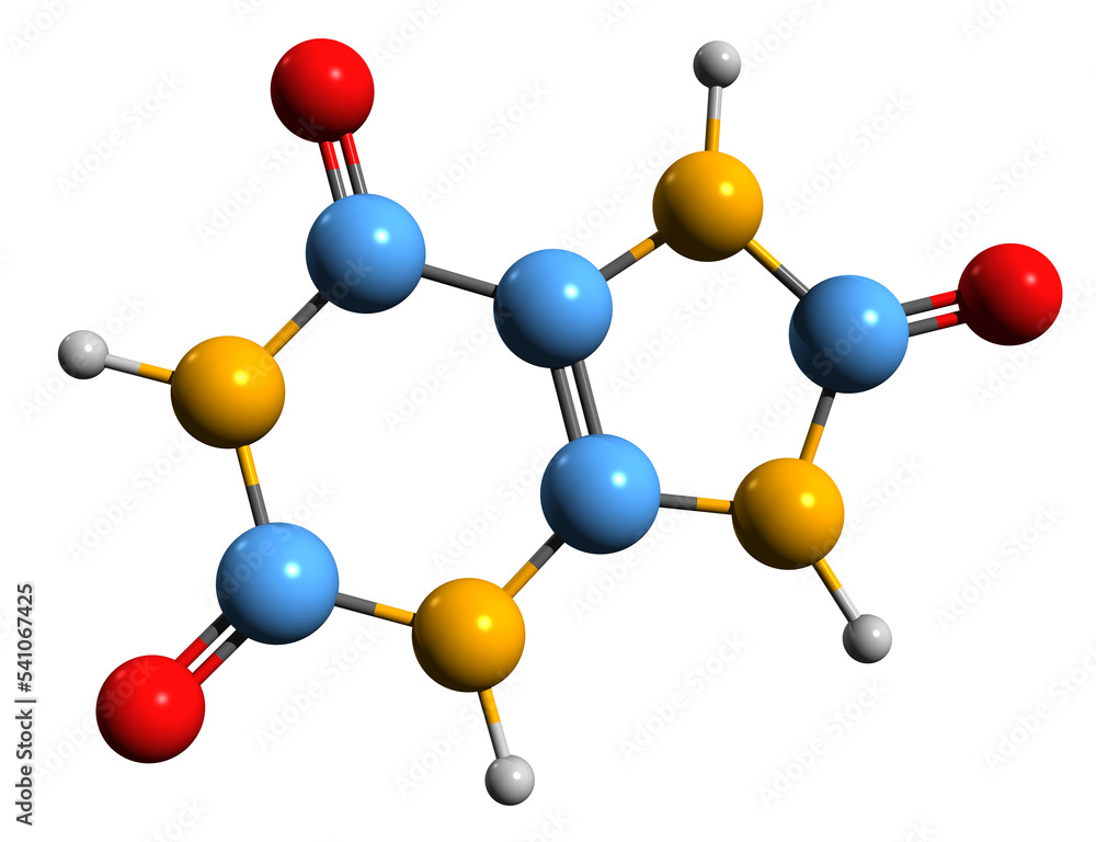 3D image of Uric acid skeletal formula - molecular chemical structure of purine nucleotides metabolite isolated on white background
3D image of Uric acid skeletal formula - molecular chemical structure of purine nucleotides metabolite isolated on white background