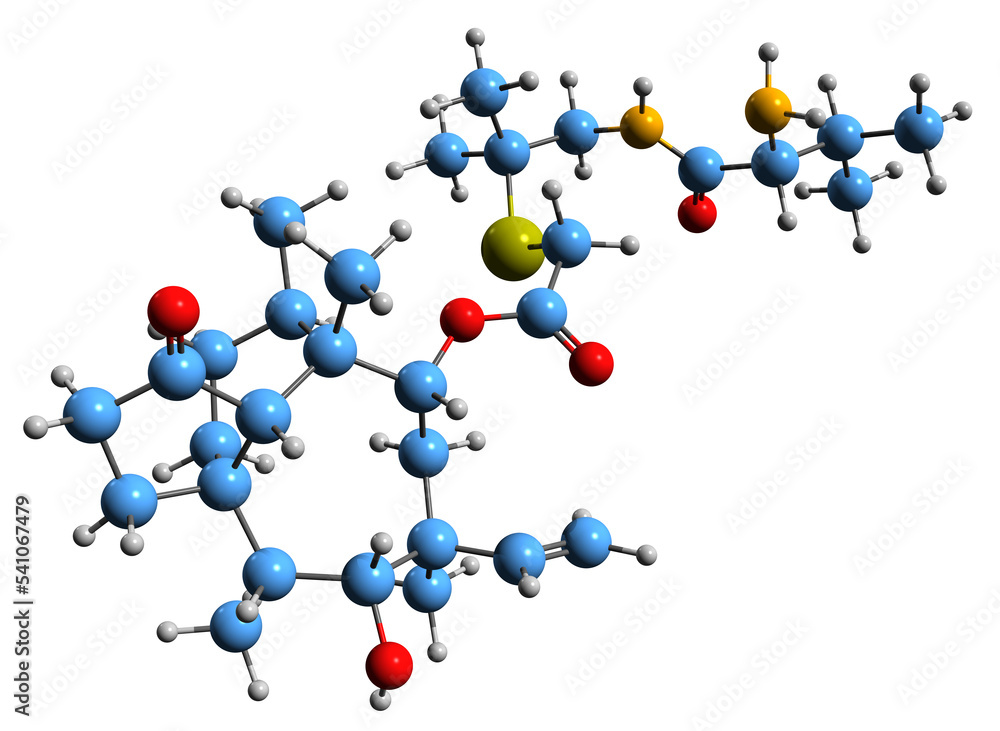 3D image of Valnemulin skeletal formula - molecular chemical structure of pleuromutilin antibiotic isolated on white background 3D image of Valnemulin skeletal formula - molecular chemical structure of pleuromutilin antibiotic isolated on white background