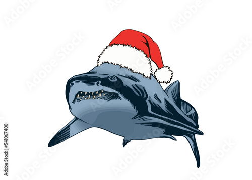 Graphical color shark in Santa Claus red hat on white isolated, blue magalodon. Vector illustration,marine life