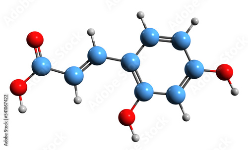  3D image of Umbellic acid skeletal formula - molecular chemical structure of Dihydroxycinnamic acid isolated on white background photo