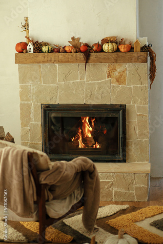 Fotografia, Obraz Burning fireplace in rustic living room with cozy chair, rug and firewood stack
