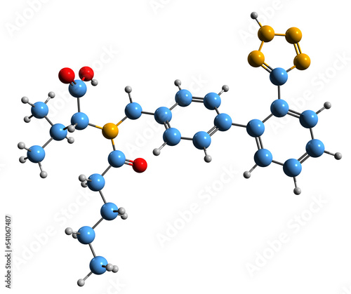  3D image of Valsartan skeletal formula - molecular chemical structure of high blood pressure medication isolated on white background photo
