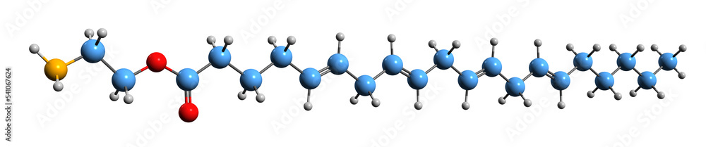 3D image of Virodhamine skeletal formula - molecular chemical structure of O-arachidonoyl ethanolamine isolated on white background
3D image of Virodhamine skeletal formula - molecular chemical structure of O-arachidonoyl ethanolamine isolated on white background