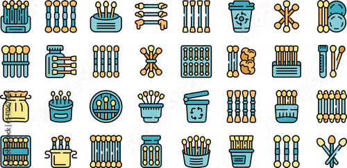 Wooden cotton swabs icons set outline vector. Ear bath. Swab cotton color flat isolated