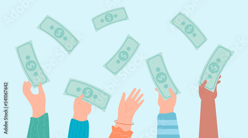 Hands holding and throwing banknotes in air. Rich and successful men and women showing money flat vector illustration. Investment, finance, entrepreneur concept