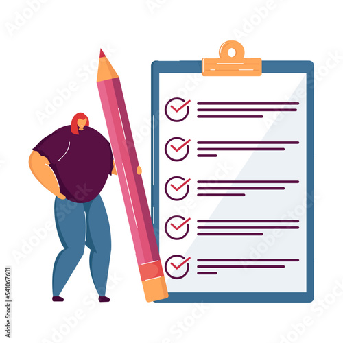 Tiny woman holding pencil and checking completed tasks on clipboard flat vector illustration. Cartoon businesswoman working with document. Success and business concept