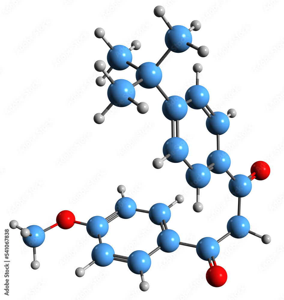 3D image of avobenzone skeletal formula - molecular chemical structure of spf butylmethoxydibenzoylmethane isolated on white background
3D image of avobenzone skeletal formula - molecular chemical structure of spf butylmethoxydibenzoylmethane isolated on white background