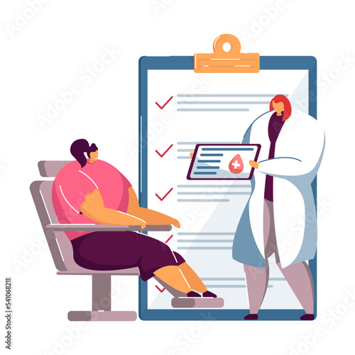 Cartoon doctor examining patient before blood donation. Flat vector illustration. Medical workers, nurse and donor preparing to blood transfusion. Medicine, blood donating, health concept