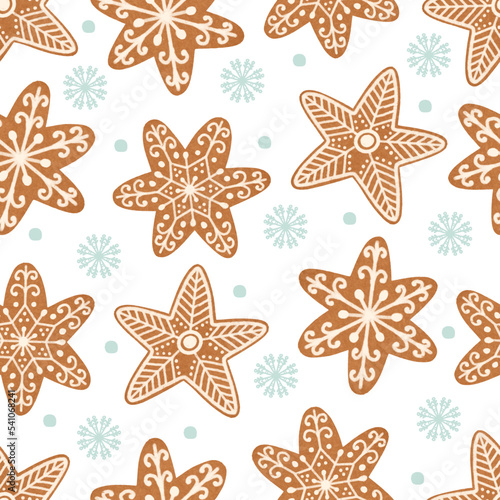 Gingerbread star cookies with icing in rustic style Christmas seamless pattern