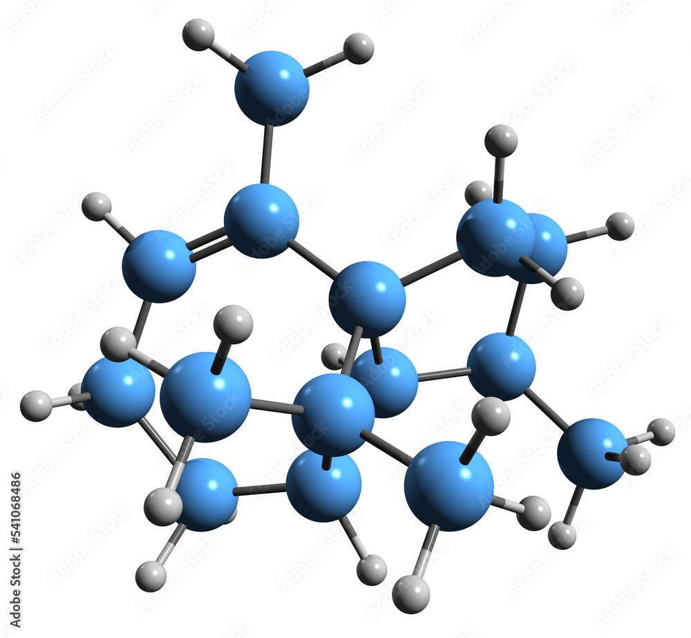 3D image of alpha-Patchoulene skeletal formula - molecular chemical structure of Patchouli Oil component isolated on white background 3D image of alpha-Patchoulene skeletal formula - molecular chemical structure of Patchouli Oil component isolated on white background