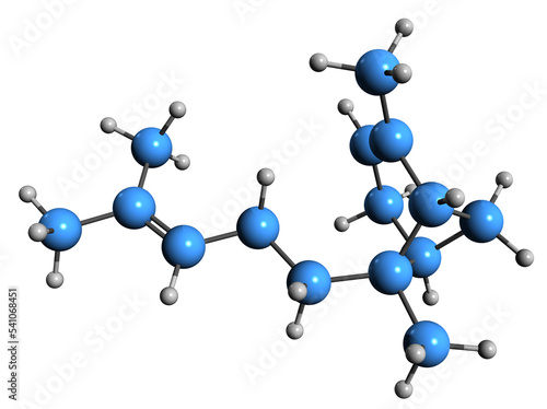  3D image of alpha-bergamotene skeletal formula - molecular chemical structure of component of bergamot oil isolated on white background photo
