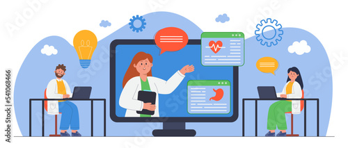 Doctors watching online medical webinar flat vector illustration. Young professionals attending virtual class, having video conference, gaining knowledge. Education, healthcare, medicine concept
