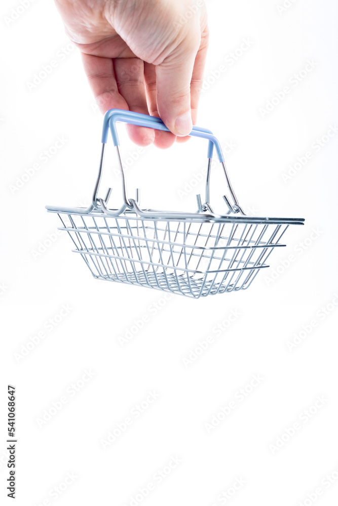 Shopping cart in hand on a white background.