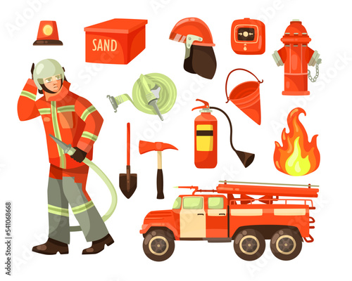 Firefighter and firefighting equipment cartoon illustration set. Fire lorry, hose, hydrant, extinguisher, helmet, alarm, shovel, sand isolated on white background. Emergency department, rescue concept