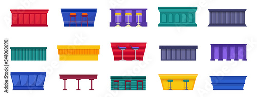 Bar counters with and without stools vector illustrations set. Collection of cartoon drawings of colorful wooden tables for pubs, bars and clubs isolated on white background. Alcohol, interior concept
