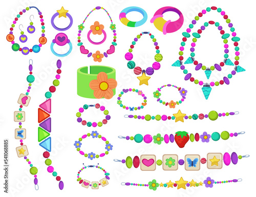 Beaded bracelets and necklaces for kids vector illustrations set. Collection of cute bracelets and necklaces from plastic beads, jewelry for children on white background. Accessories, fashion concept
